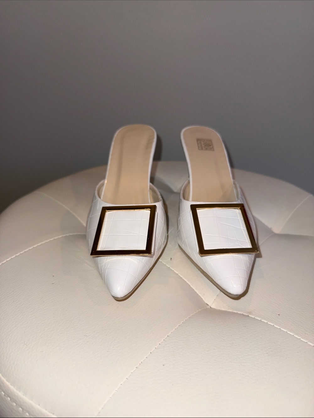 White Pointed Toe Mule with Gold Buckle